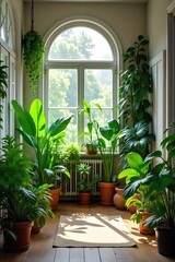Fototapeta premium Lush green plants thriving in a bright, naturally lit interior space, creating a vibrant indoor jungle atmosphere Perfect for home decor, interior design, and plant lover themes , house, home
