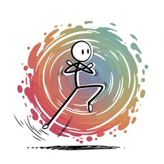 Energetic Stick Figure Leaping Through Colorful Vortex