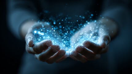Hands holding glowing hologram. Sci-fi technology background