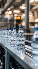 Factory production line showcasing clear water bottles with blue caps, emphasizing quality and efficiency in beverage manufacturing and packaging processes.