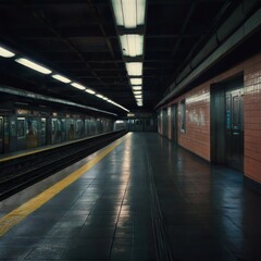 Fototapeta premium Empty Subway Platform with Incoming Train and Neon Lights