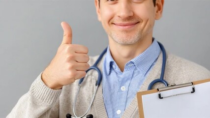 Optimistic Doctor's Approval: A smiling medical professional with a stethoscope around the neck gives a thumbs-up of endorsement.