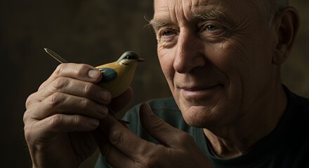 Obraz premium Elderly Man Holding a Hand Carved Bird