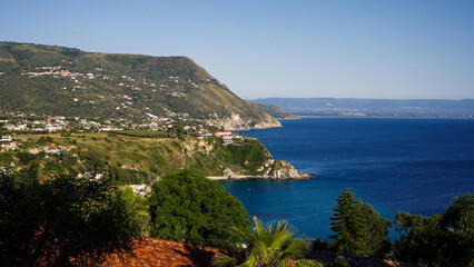 Fototapeta premium Panoramic view of Capo Vaticano coast in Calabria, Southern Italy, overlooking the Tyrrhenian Sea on a sunny summer day