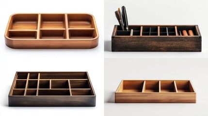 Four wooden compartmentalized trays; two light, two dark; varying compartment sizes and configurations; isolated on white backgrounds