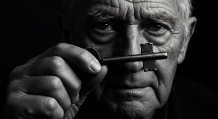 Obraz premium The Key to the Past: A Black and White Portrait of an Elderly Man