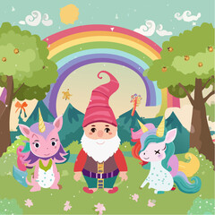 Fototapeta premium Fairy Creatures – Cute gnomes, baby dragons, chibi unicorns. 