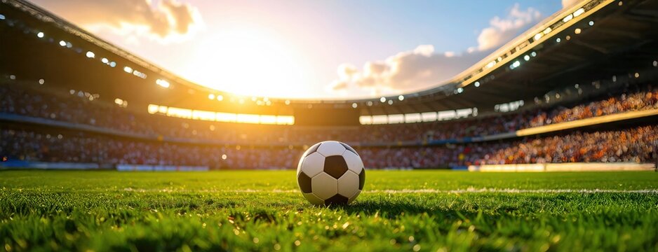Fototapeta A soccer ball on a vibrant green field at sunset, symbolizing sportsmanship, team spirit, or global football events like the World Cup