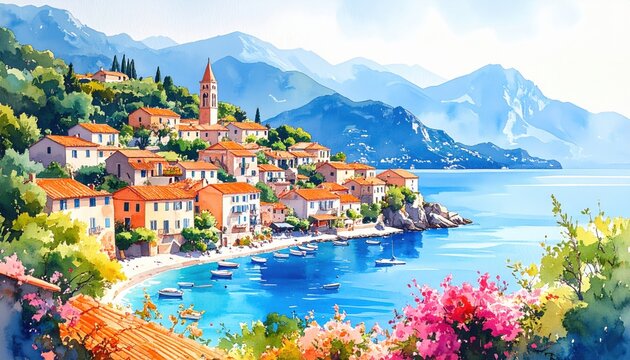 A watercolor village scene with boats and colorful rooftops on a coastal bay ideal for promoting Mediterranean vacations or summer escapes