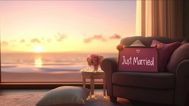 The couple gets married, and the room is decorated with a pink sofa and a sign that says "just married." Number for newlyweds.