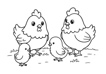 hen and chicks. coloring book