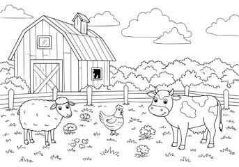 Cute cartoon farm animals like cows, sheep, and pigs illustrate a vibrant meadow scene under a blue sky, perfect for nature and agriculture themes