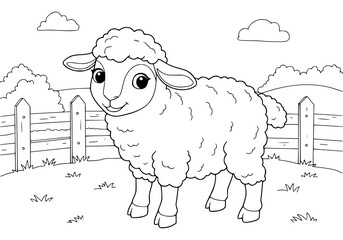 Funny cartoon sheep and cute lamb on a farm. Coloring book for kids