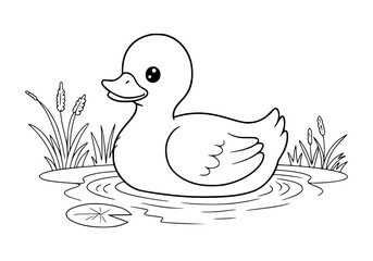 duck in pond illustration, coloring pages