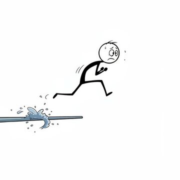 Worried Stick Figure Leaps Over a Leaking Water Pipe
