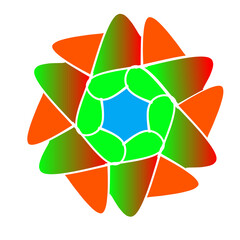 Abstract colorful circles and geometric shapes form a vibrant symbol of recycling, with green arrows and leaves illustrating environmental ecology and a sustainable future