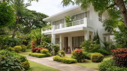 Fototapeta premium Tropical villa surrounded by lush garden, a serene retreat blending nature and modern design