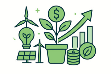 Green investment. Sustainable finance. Renewable energy growth. ESG strategy. Eco-friendly business. Financial profit. Dollar plant. Solar panel. Wind turbine. Economic chart. Clean tech.