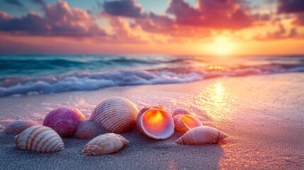 Seashells on a golden beach at sunset.