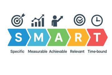 SMART goals method vector infographic. Business concept for objective setting and strategy. Specific, Measurable, Achievable, Relevant, Time-bound criteria for project management.