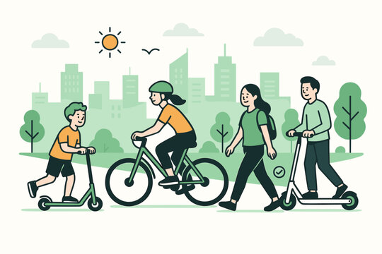 Sustainable urban mobility concept. People using eco friendly transport like bicycle, scooter and walking in city park. Healthy active lifestyle in a green city. Flat vector illustration.