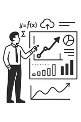Predictive data analysis illustration. Businessman presenter points to chart, graph. Business intelligence, financial forecast, statistics report, marketing strategy. Growth concept.