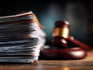 Legal Documents and Gavel on Wooden Surface