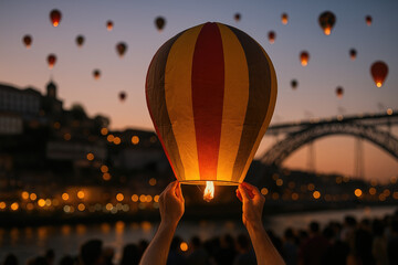 Releasing a São João Balloon into the Night Sky of Porto with the City’s Iconic Bridges and Sunset Framing This Beloved Popular Festival.

