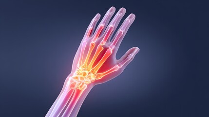 Obraz premium Wrist joint pain with transparent hand anatomy and visible inflammation