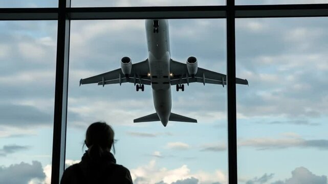 A woman watches a plane taking off from an airport window a scenic view of travel and departures air travel journey flight airplane takeoff