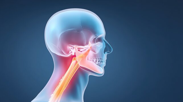 Temporomandibular joint pain with transparent skull anatomy and visible inflammation
