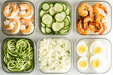 Top-down shot of cauliflower rice, grilled shrimp, zucchini noodles, and boiled eggs in meal prep containers on a pastel background.
