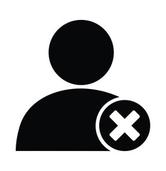 Simple pictogram icon: A person symbol overlaid with a red 'X' mark. Represents deleting a user, removing an account, or cancelling a profile. Concept for user management, termination
