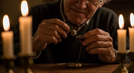 Elderly Watchmaker Carefully Cleaning Antique Pocket Watch by Candlelight