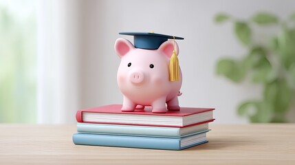 Piggy bank wearing graduation cap on stacked books symbolizing education savings and financial literacy