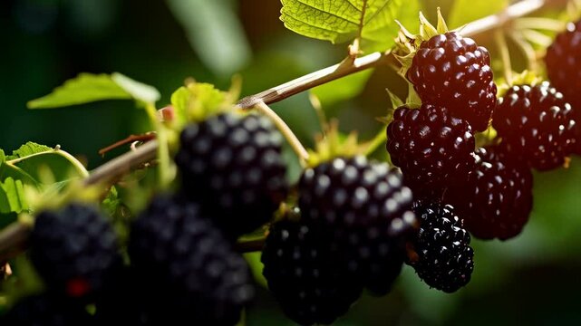 Close up of a bramble branch laden with fresh ripe blackberries, leaves, and sunlight, showing natural dark purple hues.