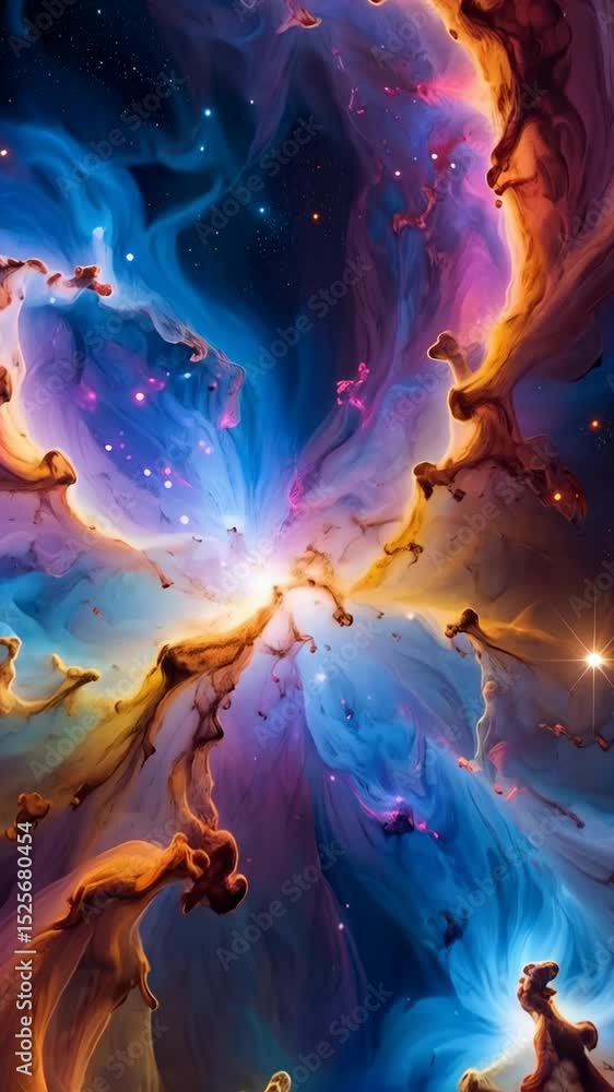 Poster abstract nebula formation in deep space with bright stars and colorful gas clouds, cosmic dust and i