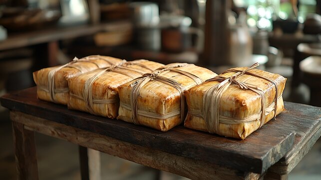 Wrapped food parcels on rustic wooden table.