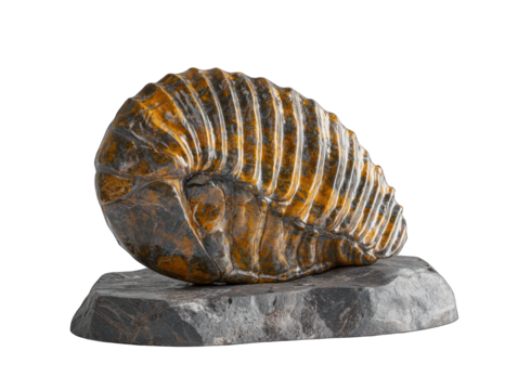 Brown, ribbed fossil on rock slab; dark background