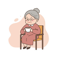 Elderly woman sitting and enjoying tea in relaxed retirement morning. Relaxed retirement morning.