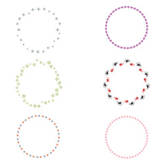 Round frame icons. Circle border symbols. Decorative pattern elements. Vector colorful shapes.