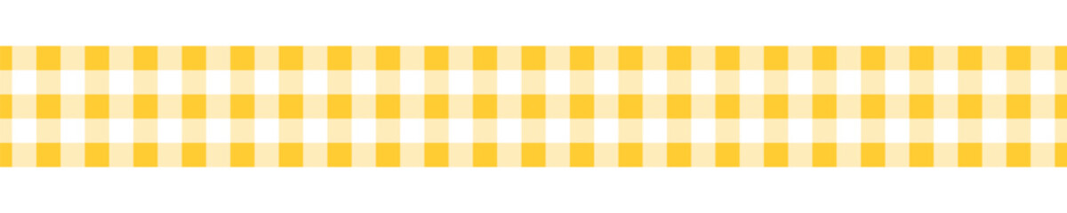Tape with yellow gingham pattern. Border with checkered vichy print. Ribbon for autumn or Thanksgiving day gifts. Cotton, linen or flannel band isolated on white background. Vector flat illustration.