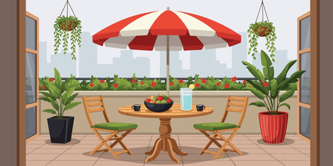 Fototapeta premium Cozy summer balcony with parasol, small table, chair and pots of flowers. Summer time Idyllic seating in the terrace with drink. Home garden and cute exterior design. Vector flat illustration