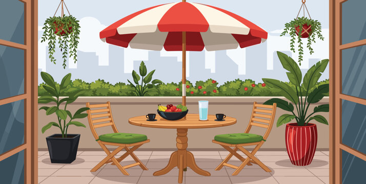 Cozy summer balcony with parasol, small table, chair and pots of flowers. Summer time Idyllic seating in the terrace with drink. Home garden and cute exterior design. Vector flat illustration