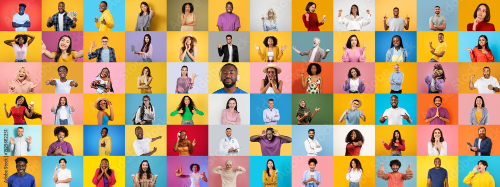 Poster a vibrant collection of diverse individuals sharing various facial expressions and gestures against 