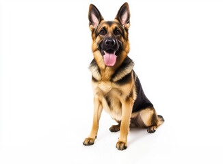German Shepherd dog sitting and smiling on white background
