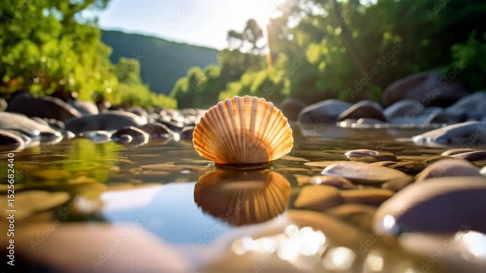 Poster radiant seashell illuminated by sunlight resting in shallow river water with smooth rocks and lush g