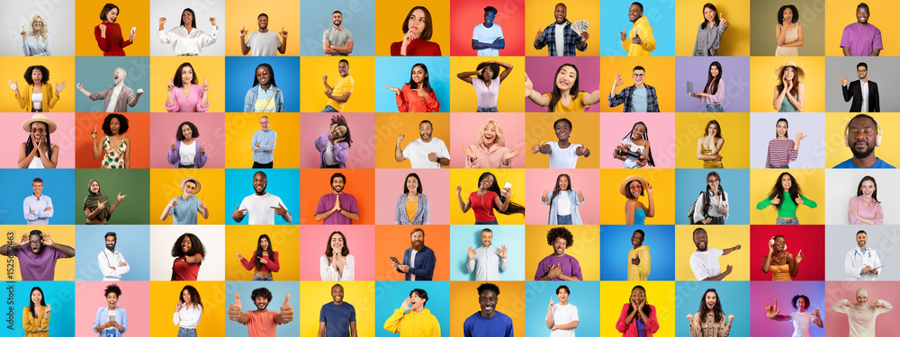 Poster A collection of portraits showcasing a diverse array of individuals from various backgrounds. Each person expresses unique emotions and lifestyles against colorful backdrops, celebrating diversity.