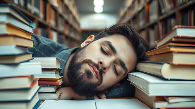 Overstudied concept. Man on sleeping face lay between piles of books, fall asleep while studying in library, bookshelves on background. Teacher or student with beard fall asleep on books, defocused.
