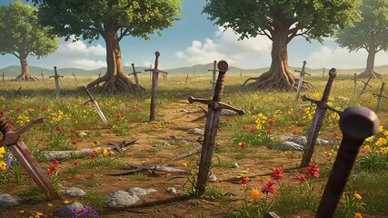 Swords rest in a peaceful field of flowers, memorializing fallen heroes in nature's embrace
